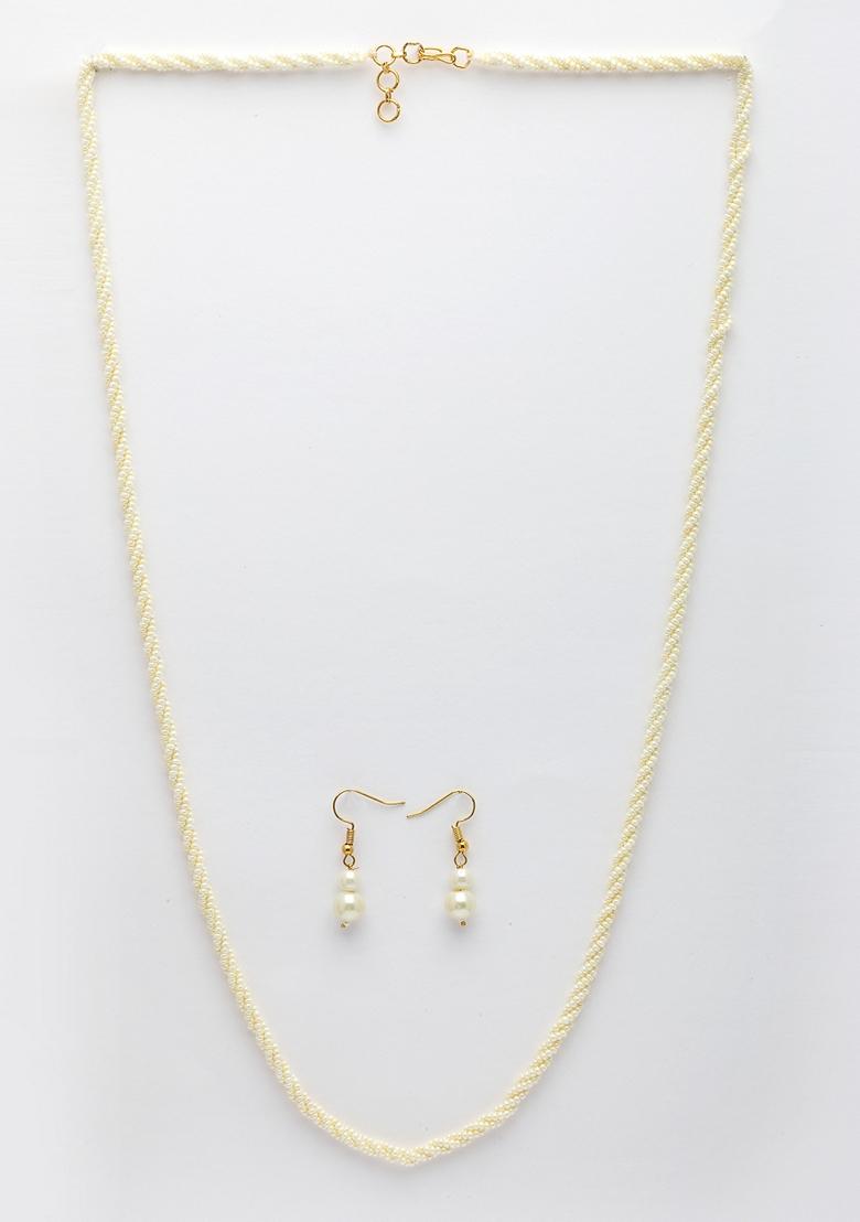 White Pearl Gold Plated Long Necklace With Earrings
