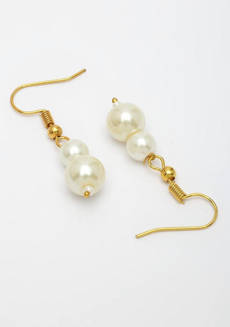 White Pearl Gold Plated Long Necklace With Earrings