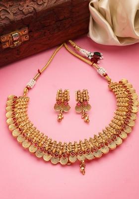Gold Gold Plated Pink Stone Studded Handcrafted Temple Jewellery Set