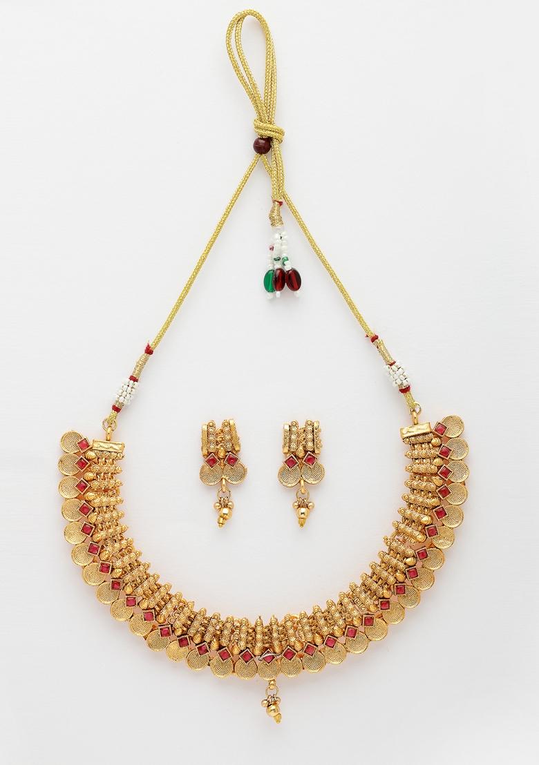 Gold Gold Plated Pink Stone Studded Handcrafted Temple Jewellery Set
