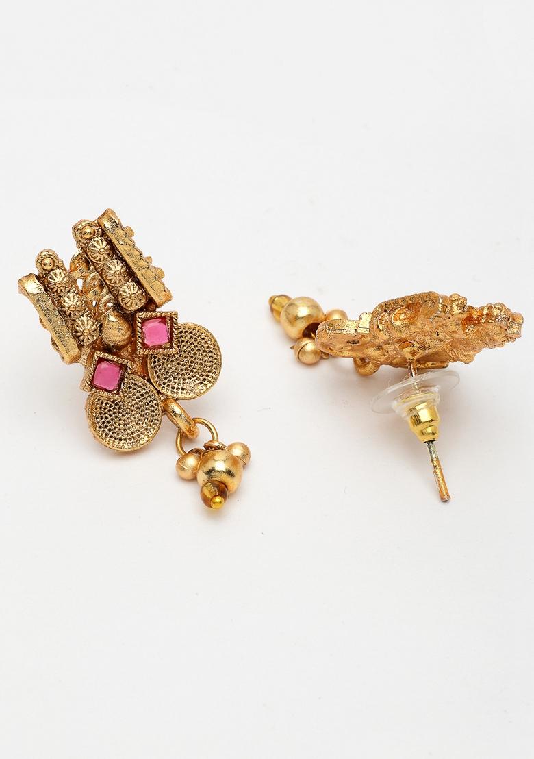 Gold Gold Plated Pink Stone Studded Handcrafted Temple Jewellery Set