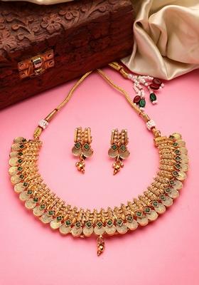 Gold Gold Plated Green Stone Studded Handcrafted Temple Jewellery Set