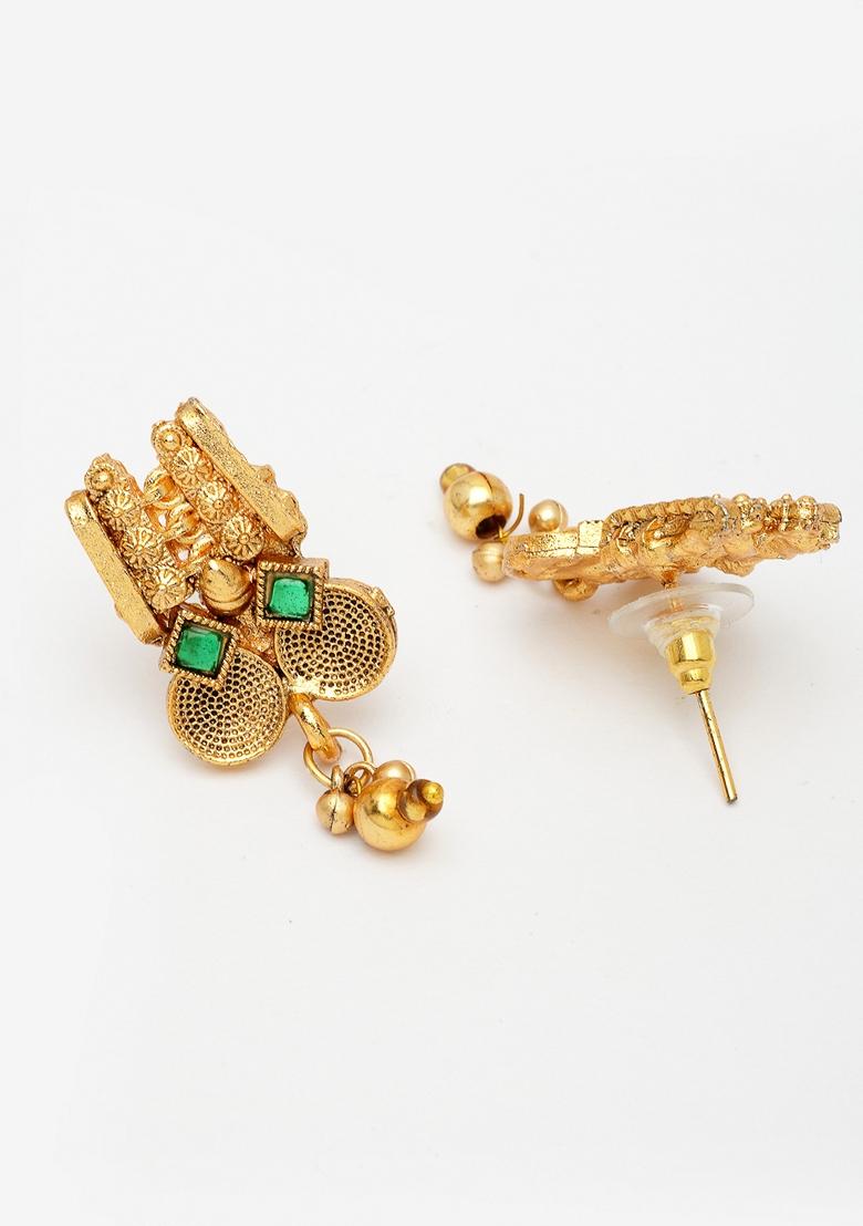 Gold Gold Plated Green Stone Studded Handcrafted Temple Jewellery Set