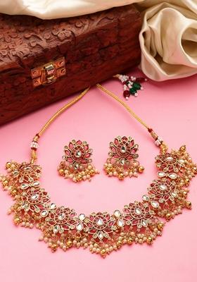 Red Gold Plated Kundan Studded & Beaded Handcrafted Temple Jewellery Set