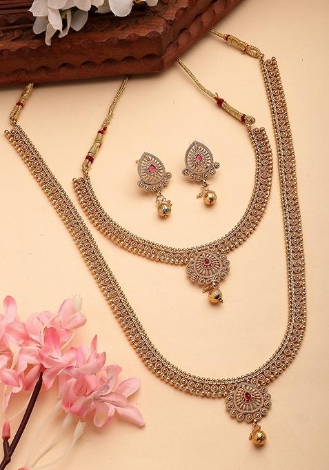 Gold Set Of 2 Gold Plated Pink Stone Studded Jadau Jewellery Set