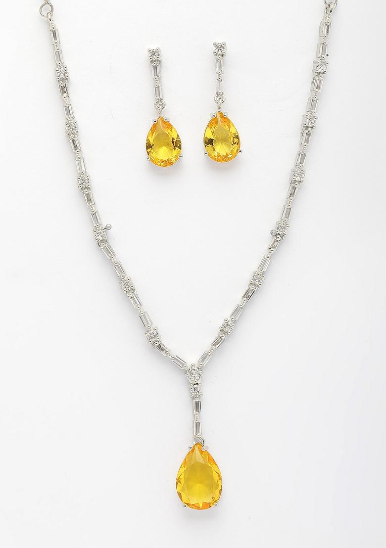 Yellow Silver Plated American Diamond Studded Handcrafted Jewellery Set