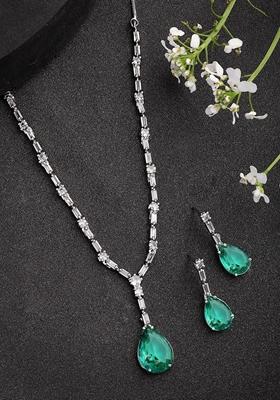 Green Silver Plated American Diamond Studded Handcrafted Jewellery Set