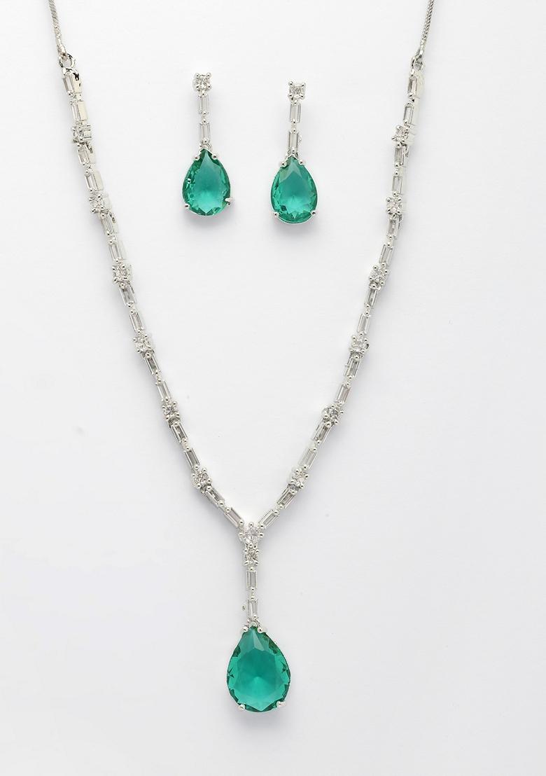 Green Silver Plated American Diamond Studded Handcrafted Jewellery Set