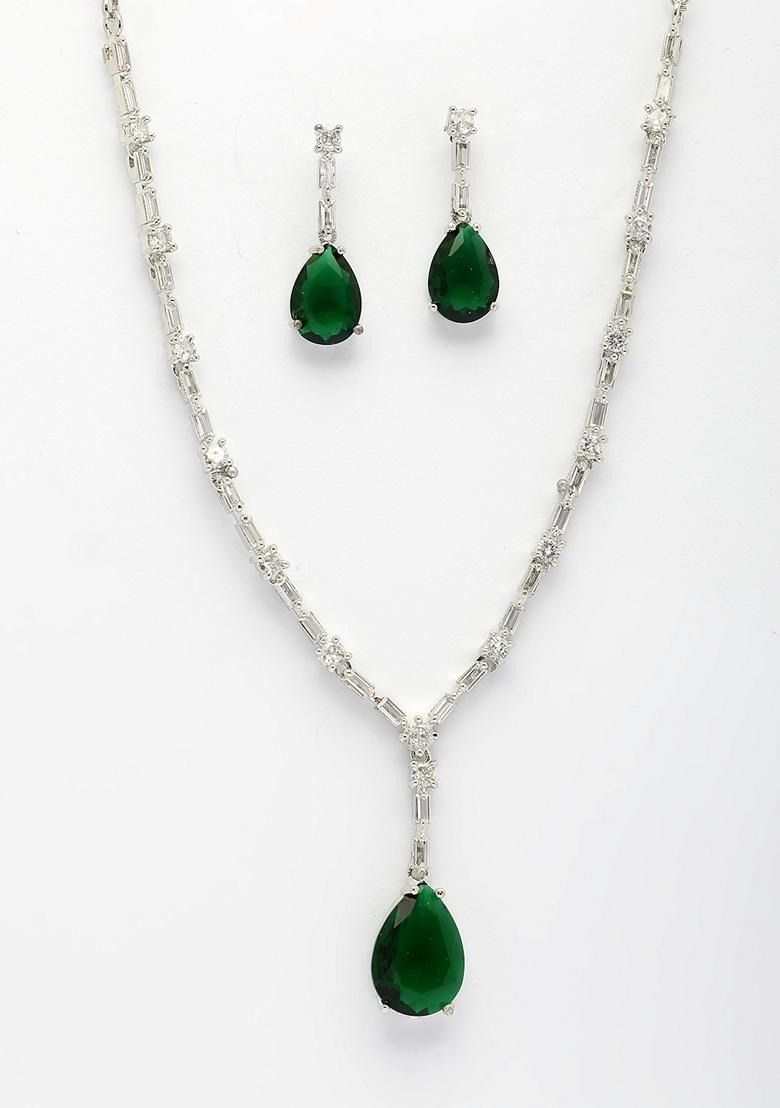 Green Silver Plated Dark American Diamond Studded Handcrafted Jewellery Set