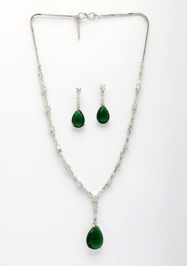 Green Silver Plated Dark American Diamond Studded Handcrafted Jewellery Set