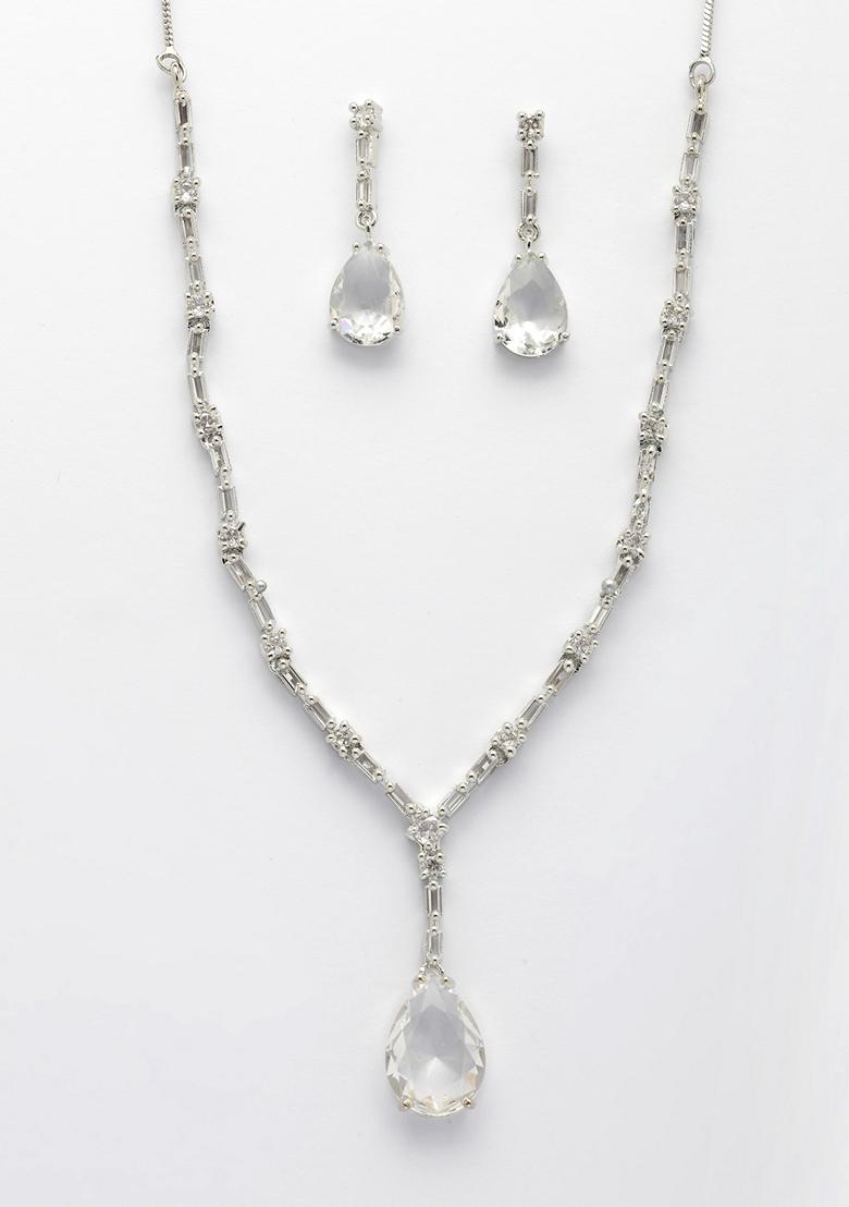 White Silver Plated American Diamond Studded Handcrafted Jewellery Set