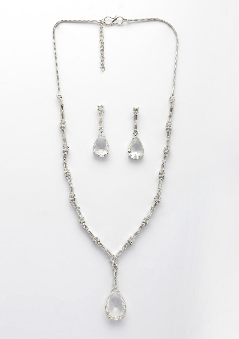 White Silver Plated American Diamond Studded Handcrafted Jewellery Set