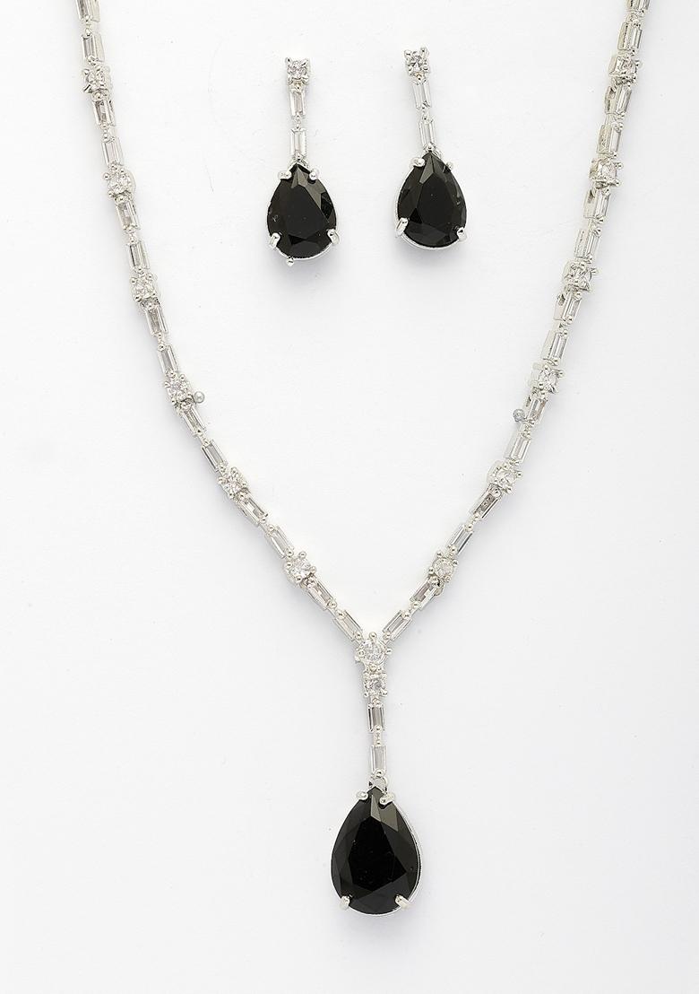 Black Silver Plated American Diamond Studded Handcrafted Jewellery Set