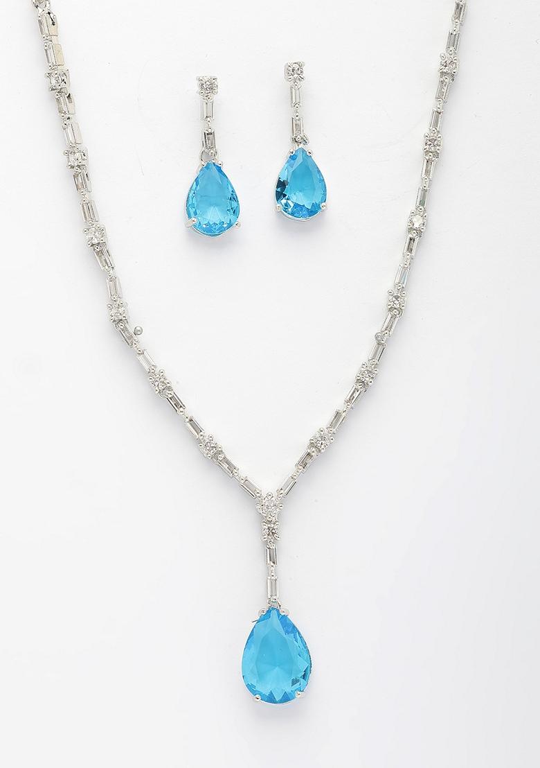 Blue Silver Plated American Diamond Studded Handcrafted Jewellery Set