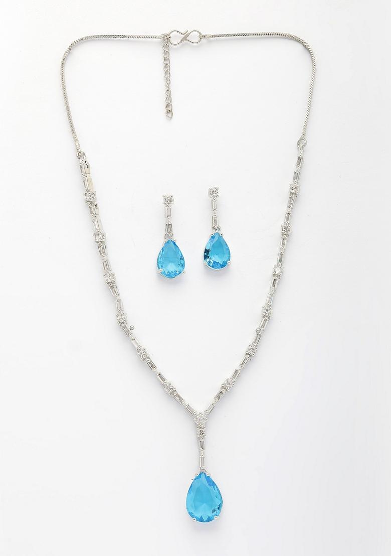 Blue Silver Plated American Diamond Studded Handcrafted Jewellery Set