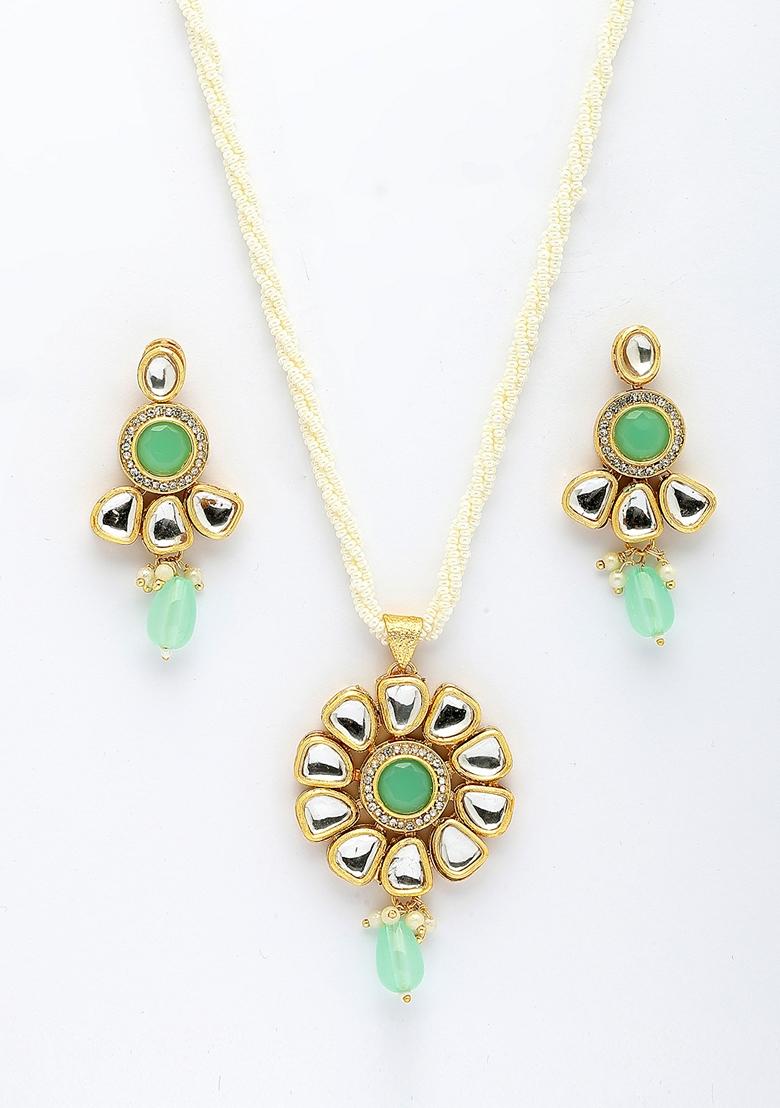 Green Stones With Kundan Studded Long Jewellery Set