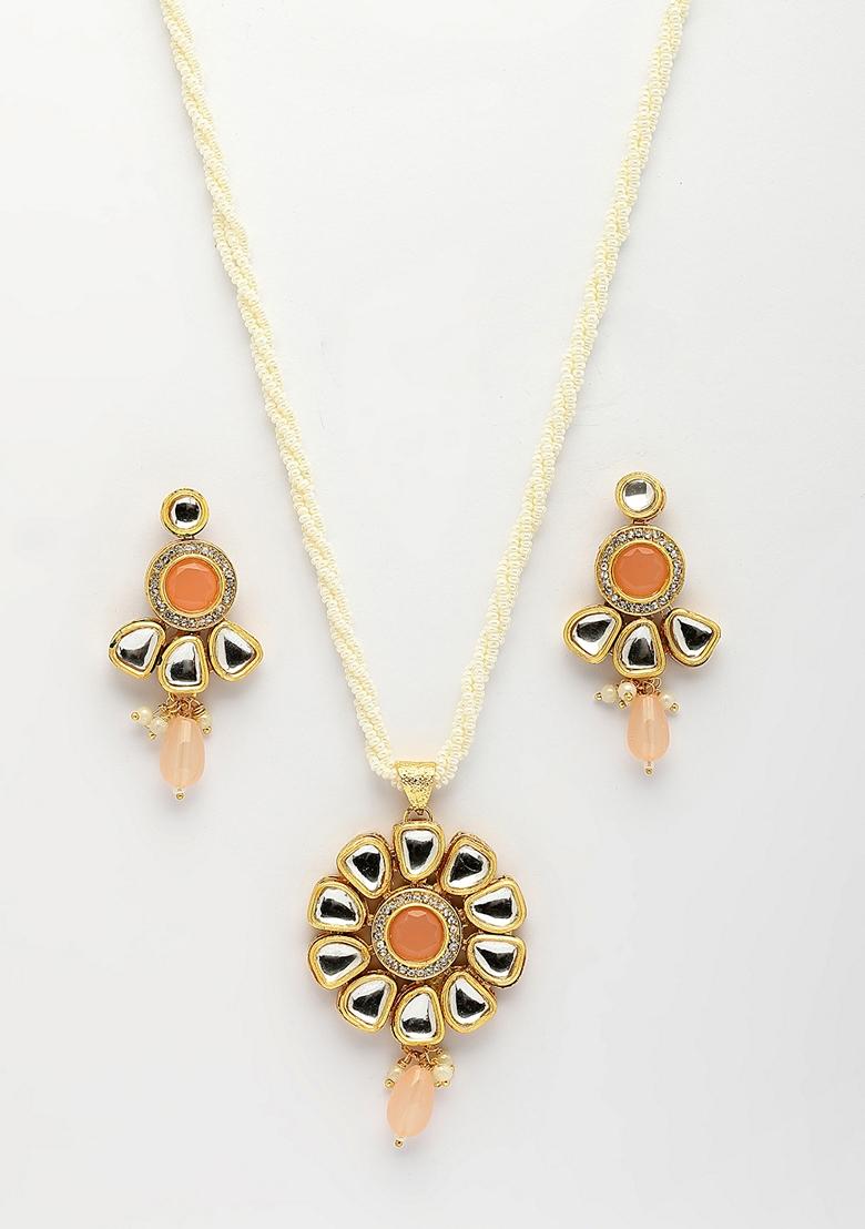 Peach Stones With Kundan Studded Long Jewellery Set