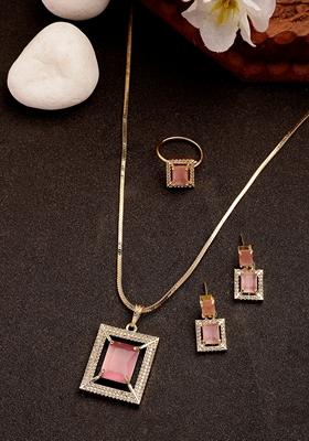 Pink Gold Plated American Diamond Studded Pendant Set With Ring