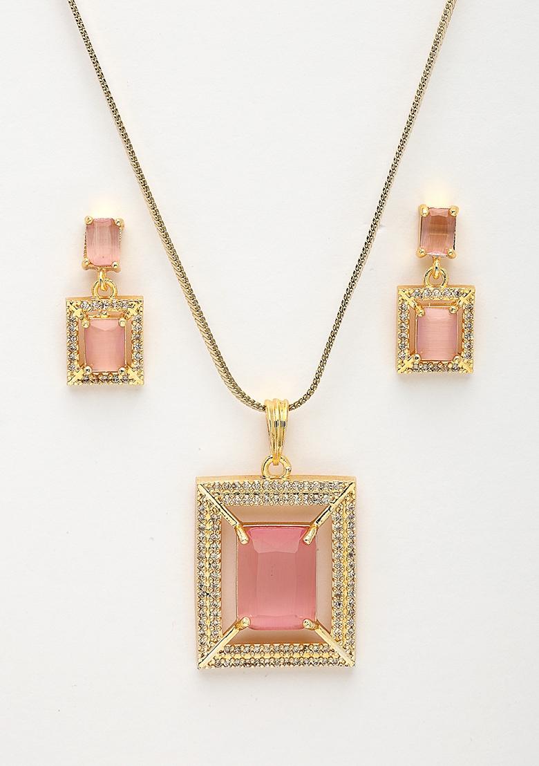 Pink Gold Plated American Diamond Studded Pendant Set With Ring
