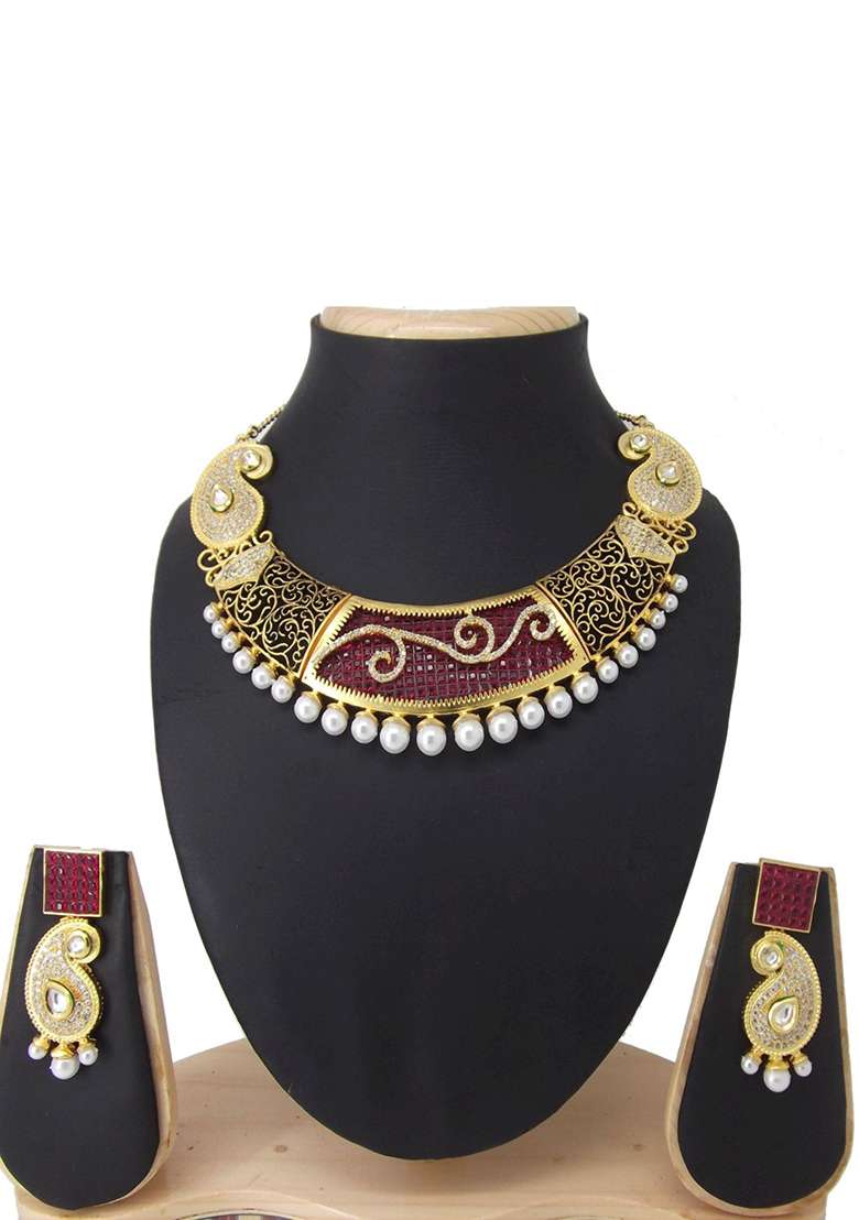American Diamond Ruby Stone Jewellery Set - Indya
