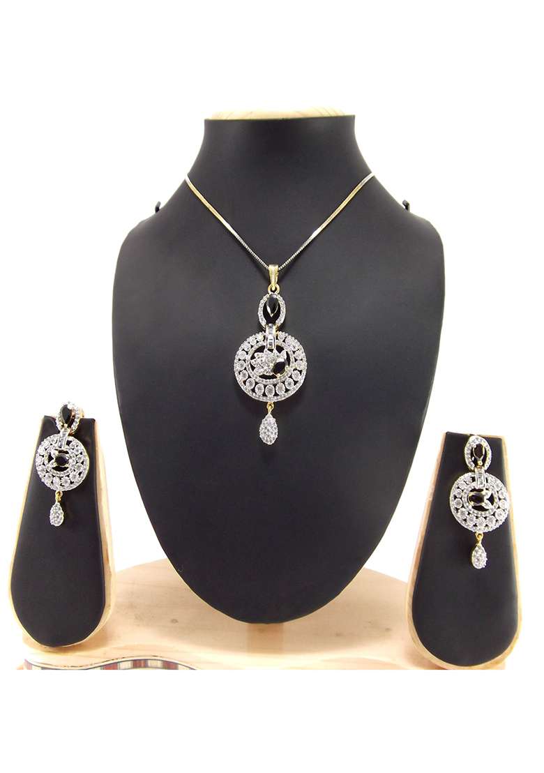 American Diamond Blue Stone Studded Pendant Jewellery Set - Indya
