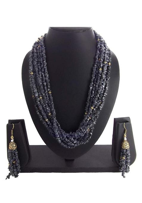 Gold Toned Grey Multistrand Beaded Handcrafted Jewellery Set