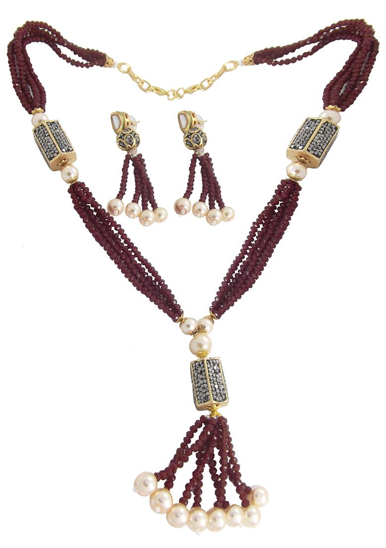 Gold Toned Ruby Multistrand Beaded Handcrafted Jewellery Set