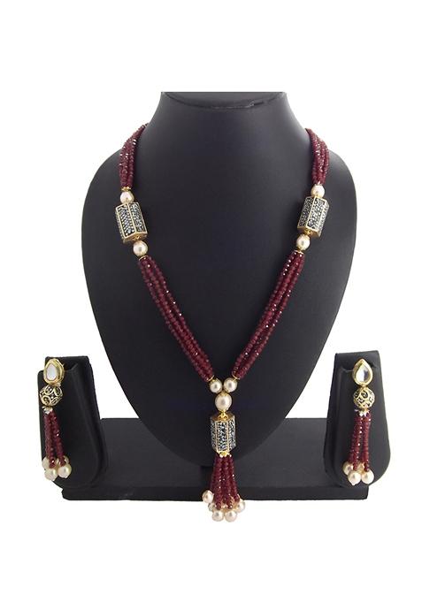 Gold Toned Ruby Multistrand Beaded Handcrafted Jewellery Set