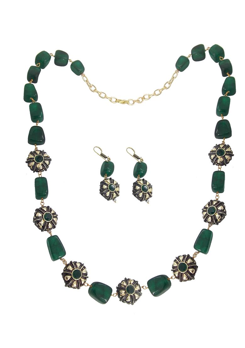 Gold Toned Green Cz Beaded Handcrafted Jewellery Set
