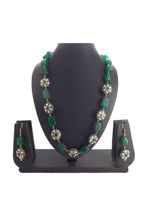 Gold Toned Green Cz Beaded Handcrafted Jewellery Set