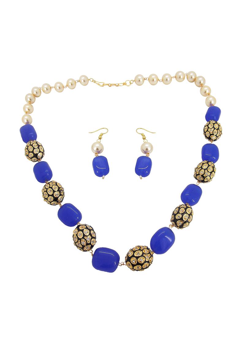 Gold Tone Blue Beaded Jewellery Set