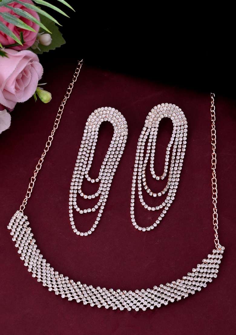 Gold Plated Stone Studded Necklace With Earrings Set - Indya