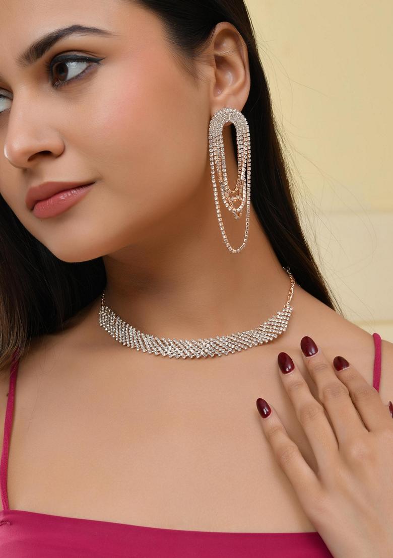 Gold Plated Stone Studded Necklace With Earrings Set