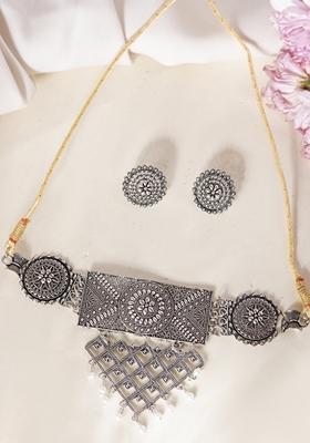Silver Plated Oxidized Choker With Earrings Set