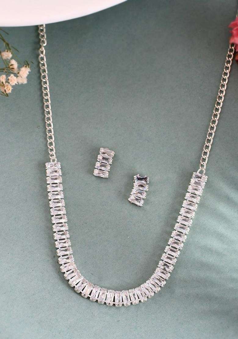 Silver Plated Cubical Beads Choker Set With Earrings - Indya