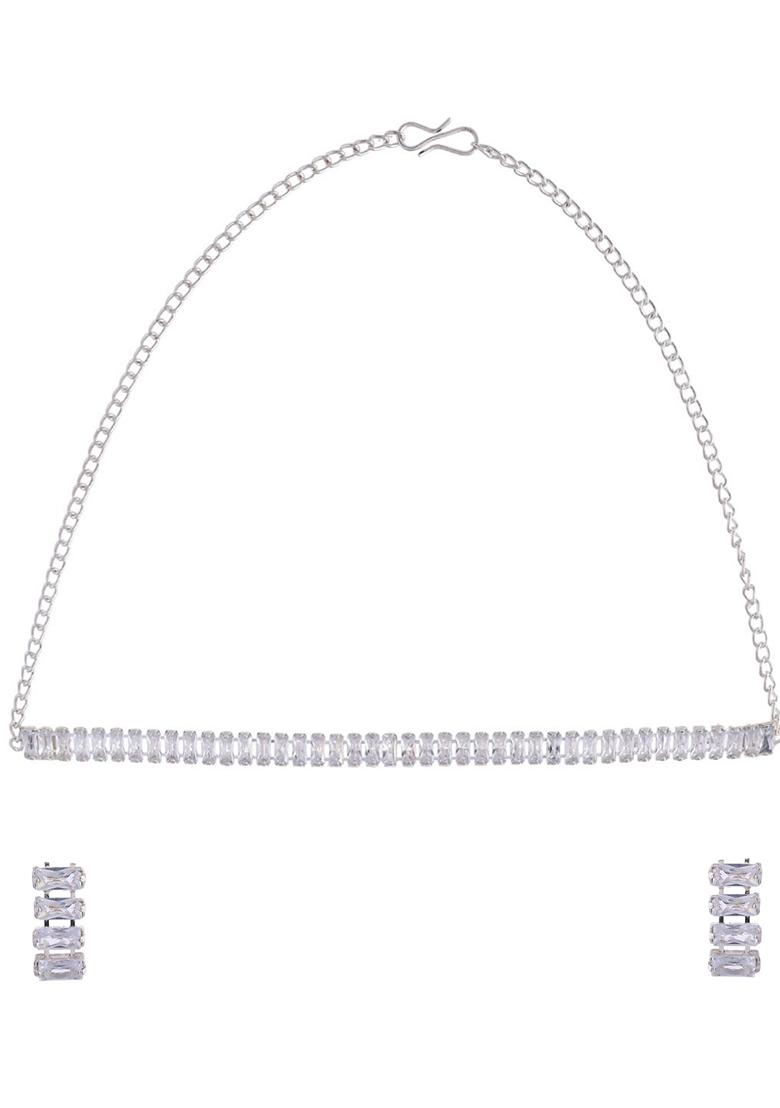 Silver Plated Cubical Beads Choker Set With Earrings