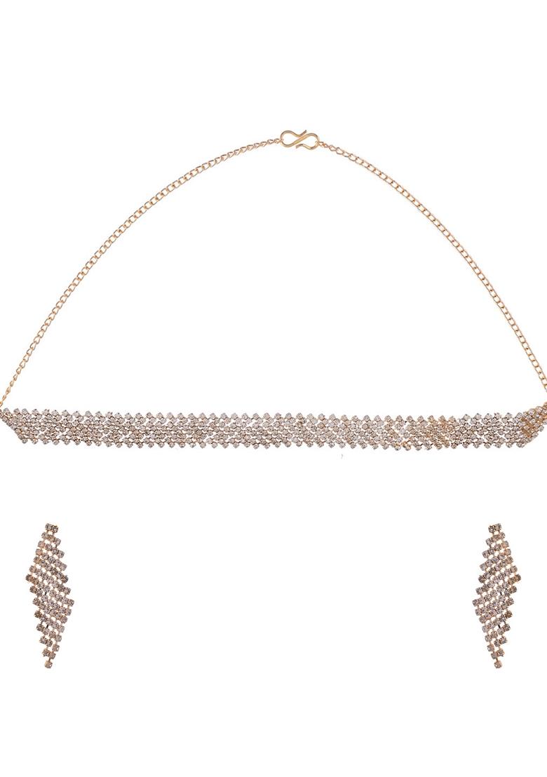 Gold Plated Amarican Diamond Handcrafted Choker With Earrings Set