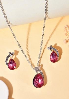 Pink Ad Stone Studded Pendant And Earrings Set