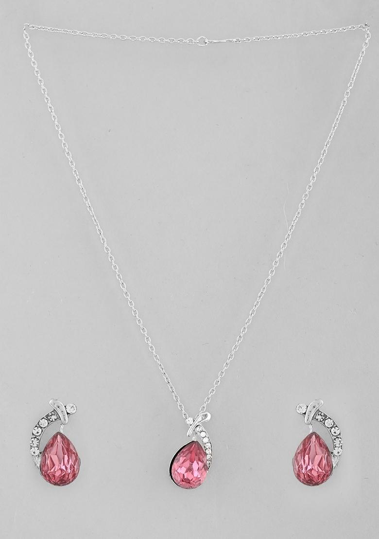 Pink Ad Stone Studded Pendant And Earrings Set
