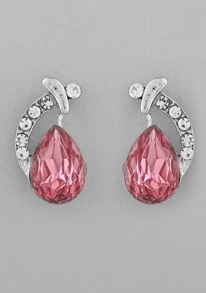 Pink Ad Stone Studded Pendant And Earrings Set