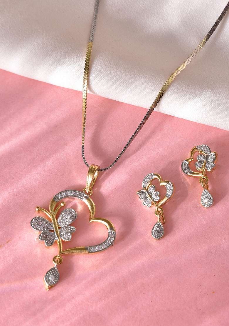 Gold Dual Tone Ad Stone Studded Butterfly Shaped Chain Set With Pandent - Indya