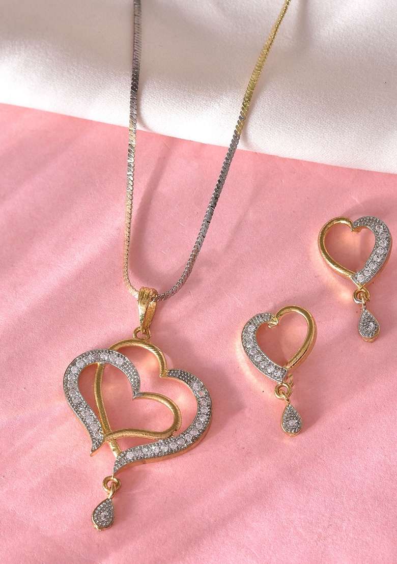 Gold Dual Tone Ad Stone Studded Heart Shaped Chain Set With Pendant - Indya