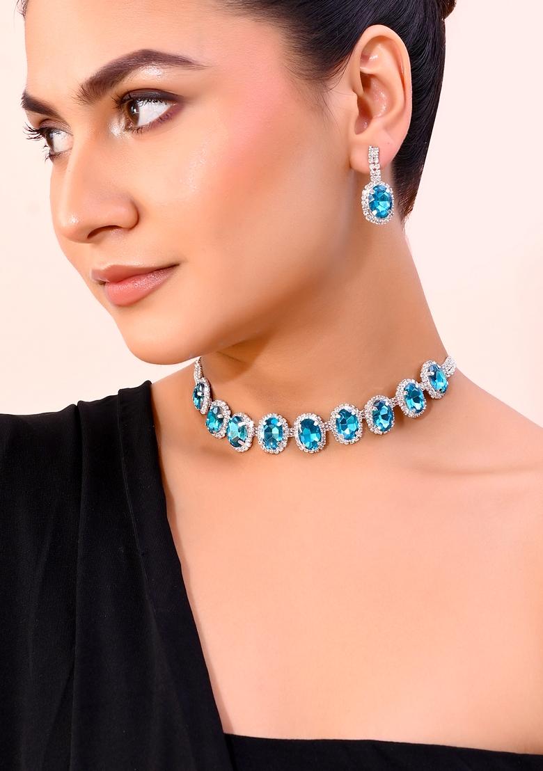 Blue Ad Stone Studded With Blue Stone Choker Set