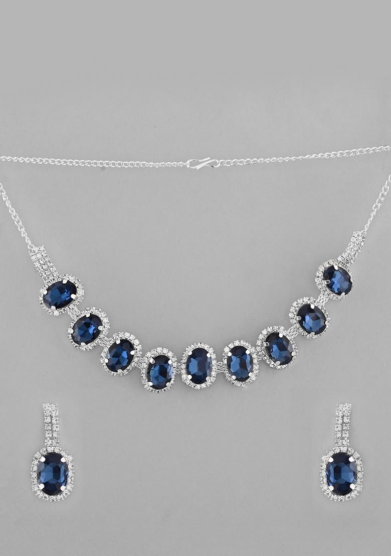 Dark Blue Ad Stone Studded With Dark Blue Stone Choker Set