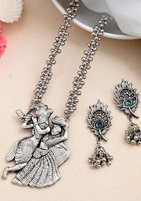 Silver Plated Oxidized Kanha Shape Long Necklace With Earring Set