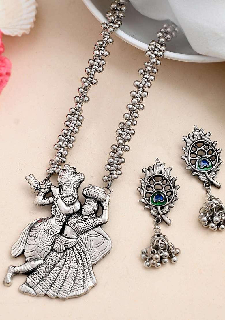 Silver Plated Oxidized Kanha Shape Long Necklace With Earring Set - Indya