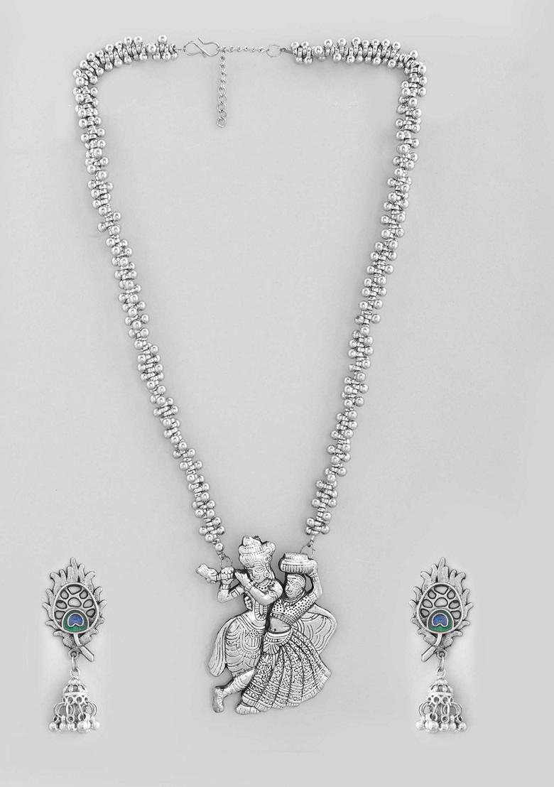 Silver Plated Oxidized Kanha Shape Long Necklace With Earring Set