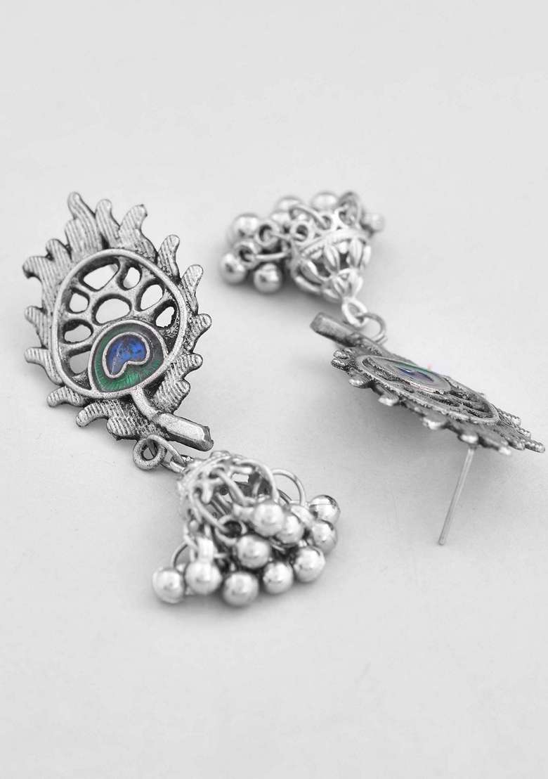 Silver Plated Oxidized Kanha Shape Long Necklace With Earring Set - Indya