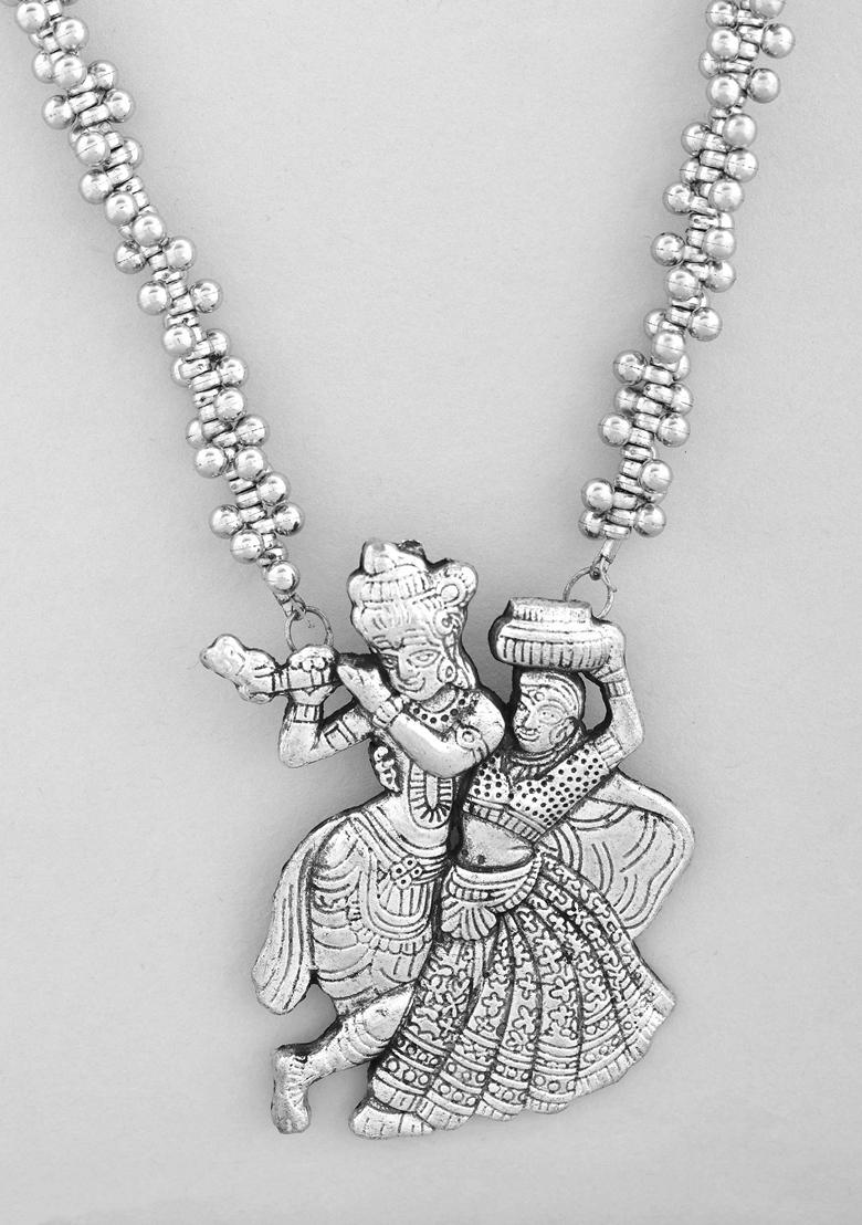 Silver Plated Oxidized Kanha Shape Long Necklace With Earring Set