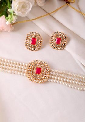 Gold Plated Pearl And Stone Choker With Earrings Set